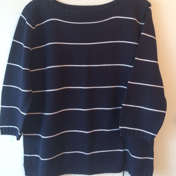 Sweater; Navy with white small stripes.