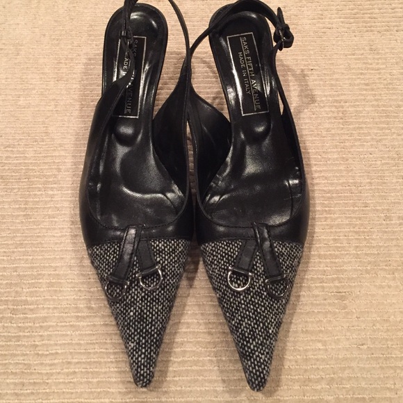 BLACK HEELS -BLACK TWEED WITH BKACK LEATHER STRAPS - Picture 1 of 4