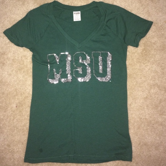 PINK Victoria's Secret Tops - Victoria's Secret PINK MSU v neck tee with sequins