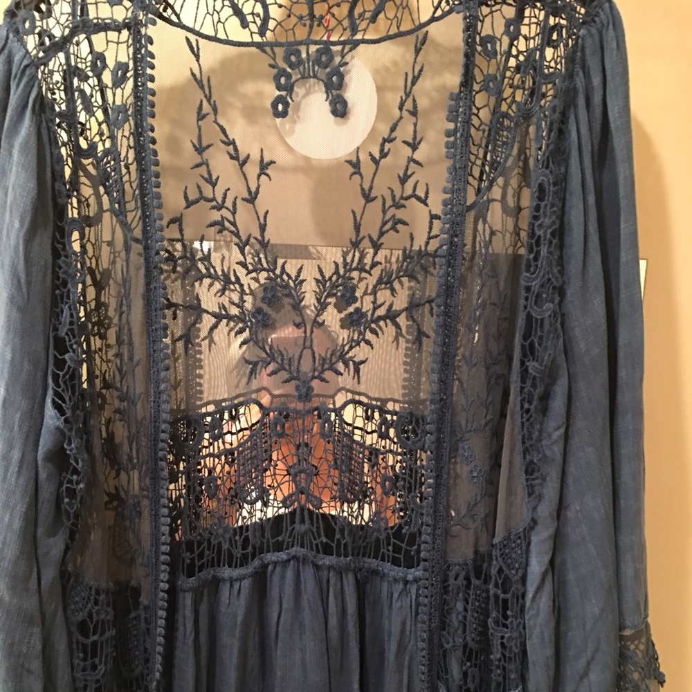 Washed Open Front Cardigan with Lace- DENIM - Picture 3 of 3