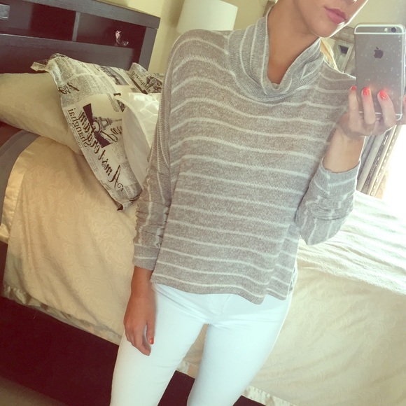 Grey and white striped knit turtle neck