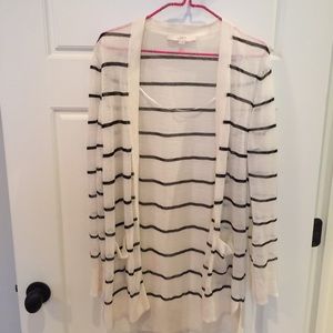 LOFT SZ L SHEER BLACK AND WHITE STRIPPED CARDIGAN