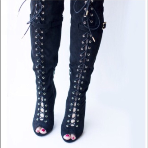 Black knee high lace up boots