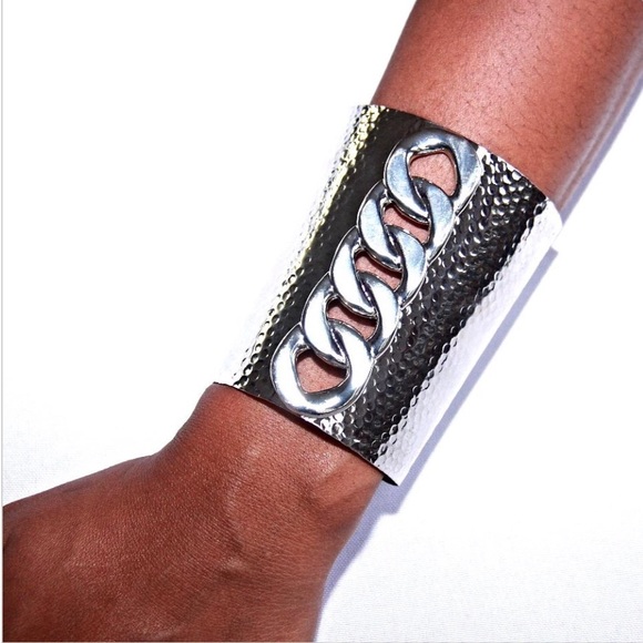 {last1} {$ FIRM} Silver Hammered Cuff - Picture 2 of 3