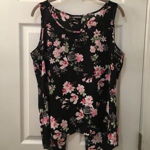 Black floral print open back tank