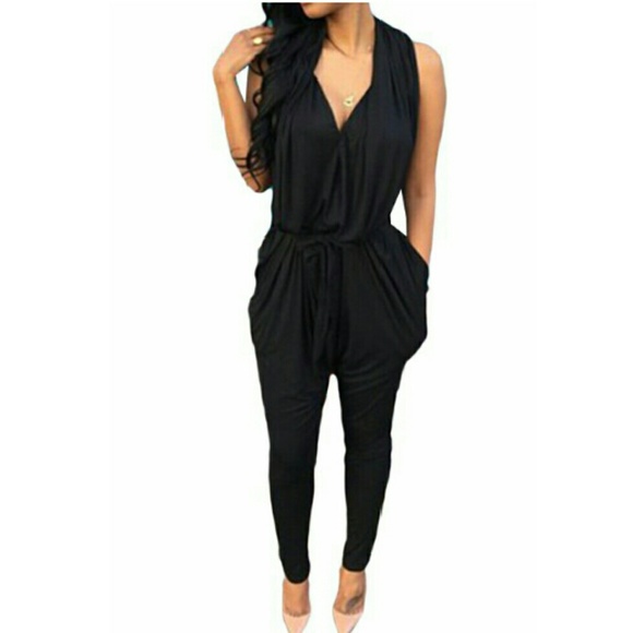 Black V Neck Casual Harem Pants Jumpsuit
