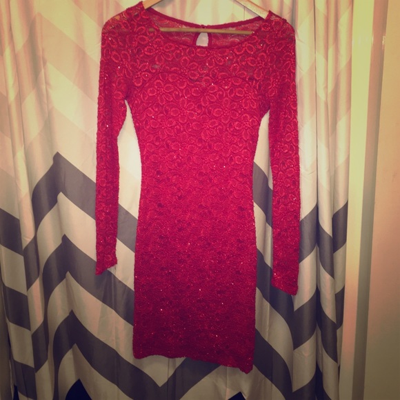 Sparkly red lace body con dress