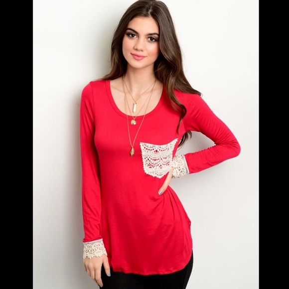 Red long sleeve with lace pocket and detail - Picture 1 of 2