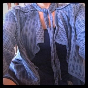 CAbi tie-neck, ruffle front cardigan