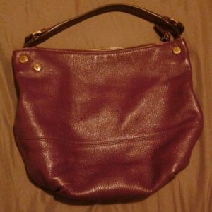 Furla purple leather handbag, jungle green liner