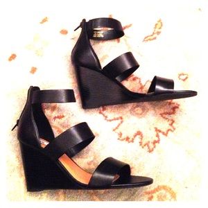 Black leather parallel strap wedges