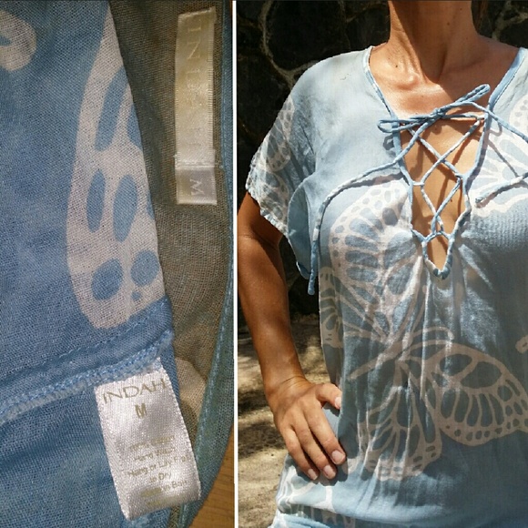 Indah blue butterfly laceup romper batik coverup M - Picture 4 of 4