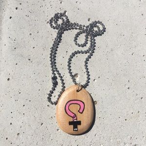 Feminist Wood Pendant Necklace, Silver Chain