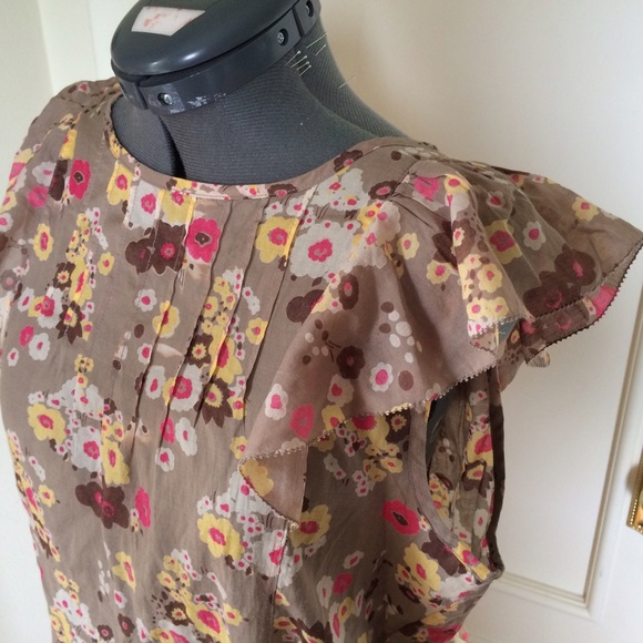Tan Floral Blouse with Ruffle Cap Sleeves