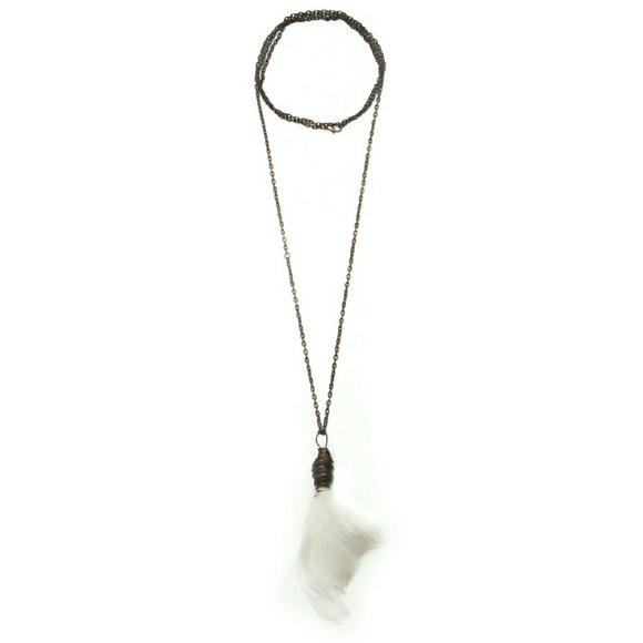 Brass Wrapped White Feather Extra Long Necklace - Picture 1 of 2
