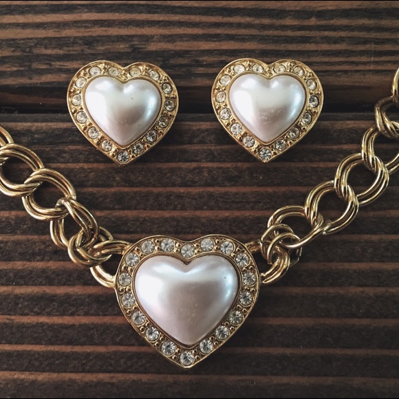 AVON - Gold and White Heart Necklace & Earring Set
