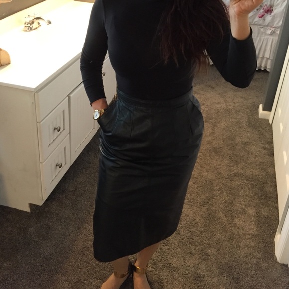 Vintage Dresses & Skirts - Vintage black leather pencil skirt with pockets😍