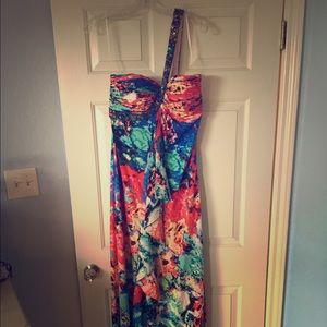 Floor length prom dress with beaded side strap