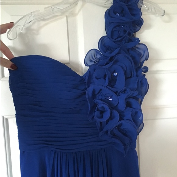 Floor length royal blue prom gown. Floral strap