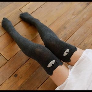 Womens Gray Bear Thigh High Knee Socks Tights