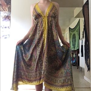 Yellow paisley handkerchief halter hippie dress