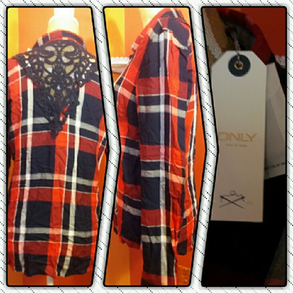 ONLY Nwt's Embroidered Plaid Button Down Shirt - Picture 2 of 3