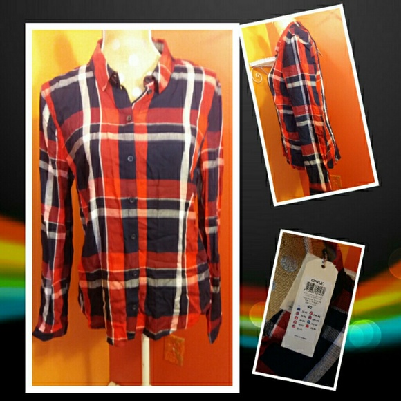 ONLY Nwt's Embroidered Plaid Button Down Shirt - Picture 3 of 3