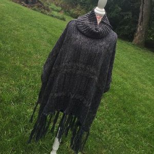 Blue and gray knit poncho with tassel fringe, New!