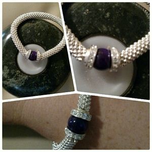 Silver & Purple Stretch Beaded Bracelet