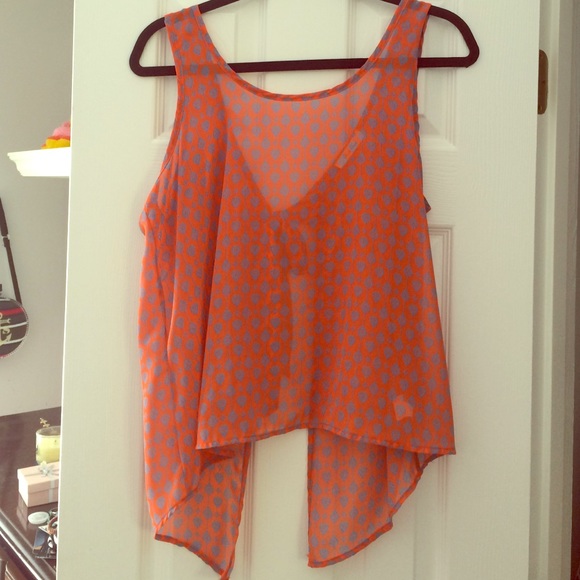 Flowy sheer-like tank top orange and blue design - Picture 1 of 3