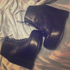 Faux leather platform booties.