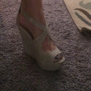 Strappy peep toe suede ish wedges
