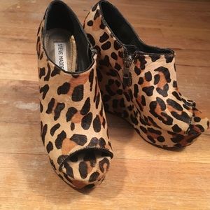 Steve Madden leopard fur wedge booties.