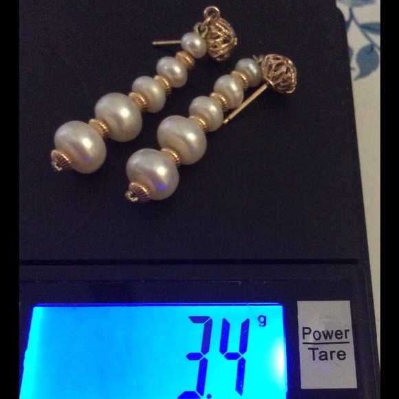 SALE VINTAGE 14KT GOLD PEARL EARRINGS 1.5" LONG - Picture 3 of 4