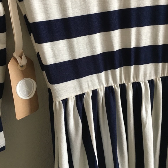 Only 1 left. Navy & White Stripe Modest Midi Dress - Picture 2 of 4