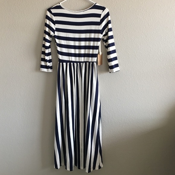 Only 1 left. Navy & White Stripe Modest Midi Dress - Picture 3 of 4