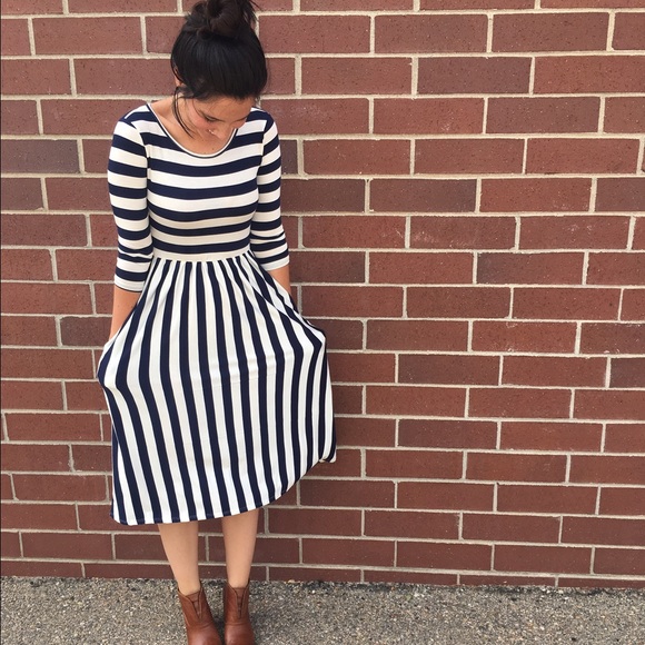 Only 1 left. Navy & White Stripe Modest Midi Dress - Picture 4 of 4