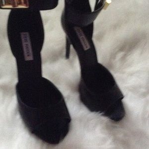 Black leather ankle strap heels