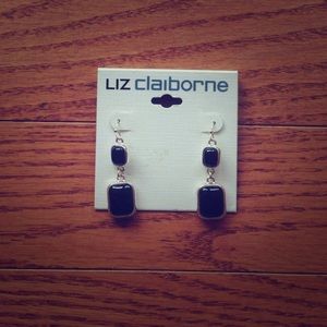 Silver and black stone drop earrings