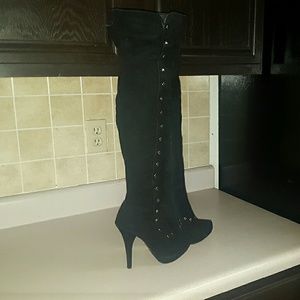 Black velvet thigh high boots