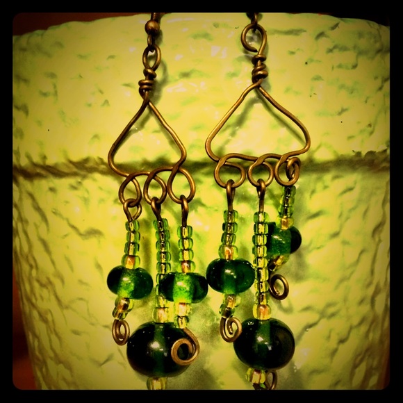 Brass & Green Glass Artisan Boho Earrings