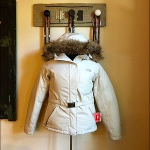North face white parka winter jacket, size medium