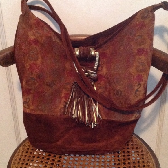Neiman Marcus Brown Suede Paisley Crossbody Purse