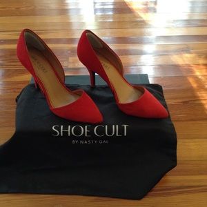 Red suede heels by nasty gal shoe cult