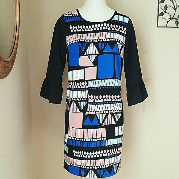 JADE SMALL BLACK GEO COLOR-BLOCK TUNIC SHIFT DRESS - Picture 2 of 3