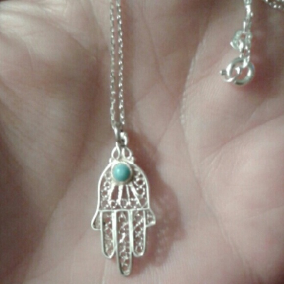 Vintage Turquoise Hamsa Hand Solid 925S 18"Nk - Picture 2 of 4