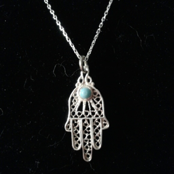 Vintage Turquoise Hamsa Hand Solid 925S 18"Nk - Picture 3 of 4