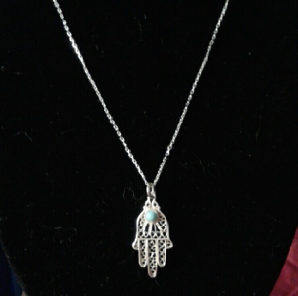 Vintage Turquoise Hamsa Hand Solid 925S 18"Nk - Picture 4 of 4