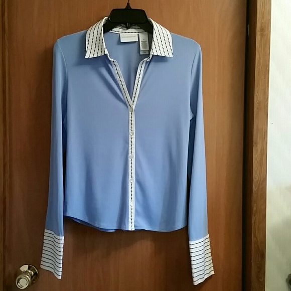 Blue White Black Button Front Cuff Top