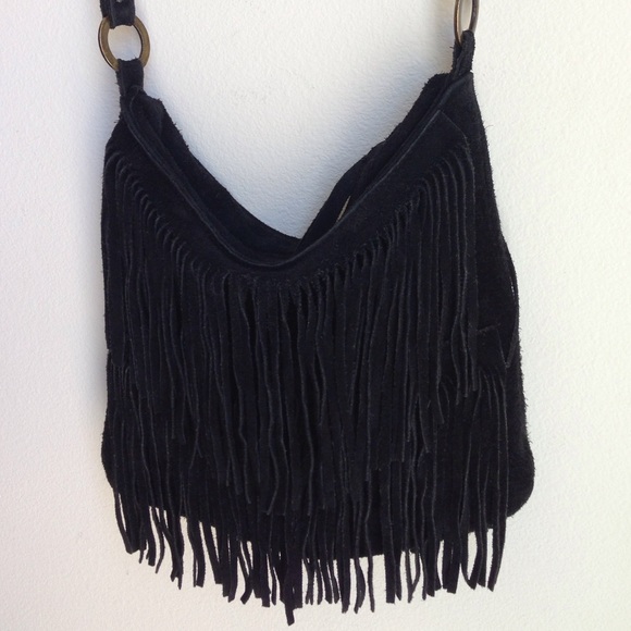Black suede fringe handbag